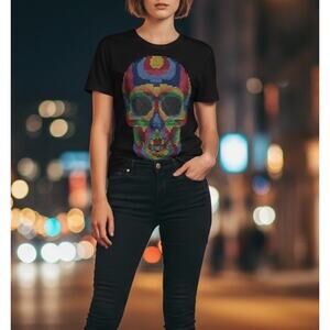Ay Guey Mexican Art Rainbow Color Skull T-Shirt Retro Whimsy Goth Relax Fit Sz S